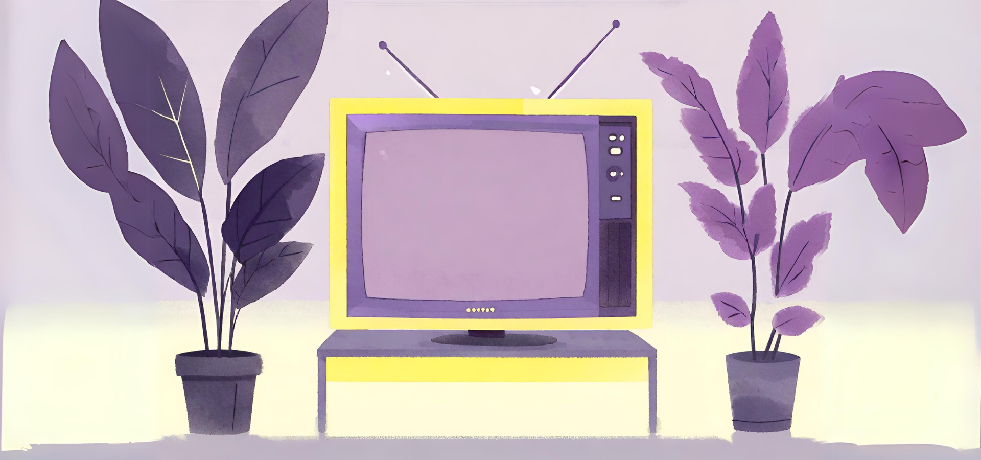 Fernsehgerät im Wohnzimmer, mit Pflanzen, gelb, lila