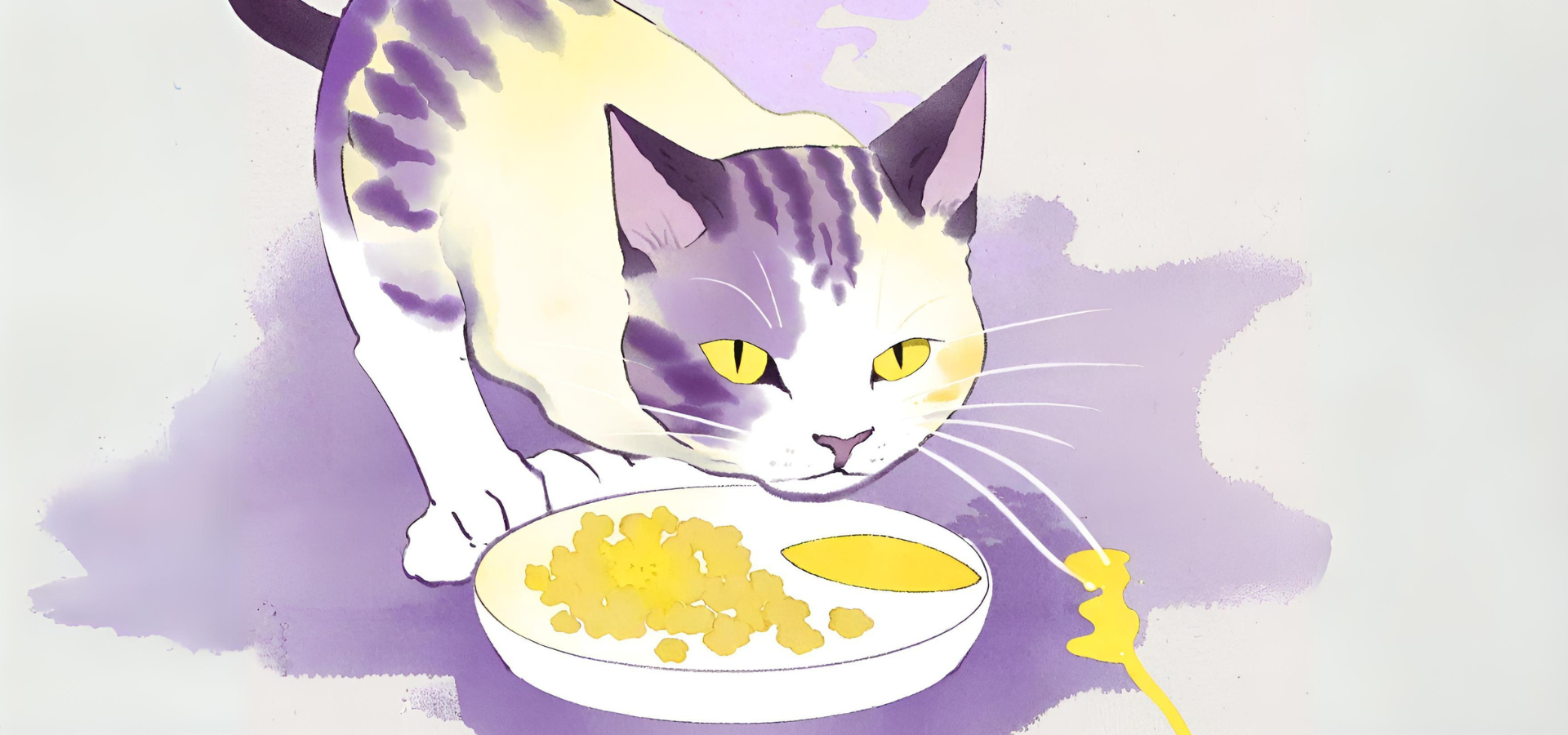 Katze mit Futterschale, gelb, lila