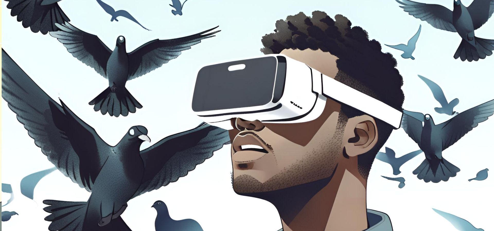 Person mit VR-Brille, im Hintergrund fliegende Tauben