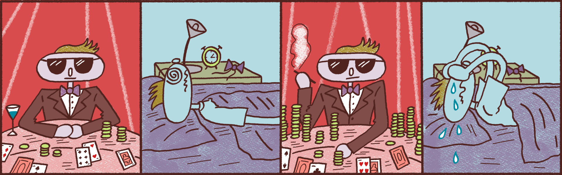 Comicstrip: Mensch mit Sonnenbrille sitzt im Casino, liegt im Bett kann nicht schlafen, denkt immer wieder an das Spiel