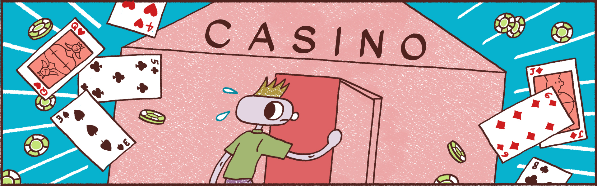 Illustration Mensch geht ins Casino, Spielkarten und Münzen fliegen ihm hinterher