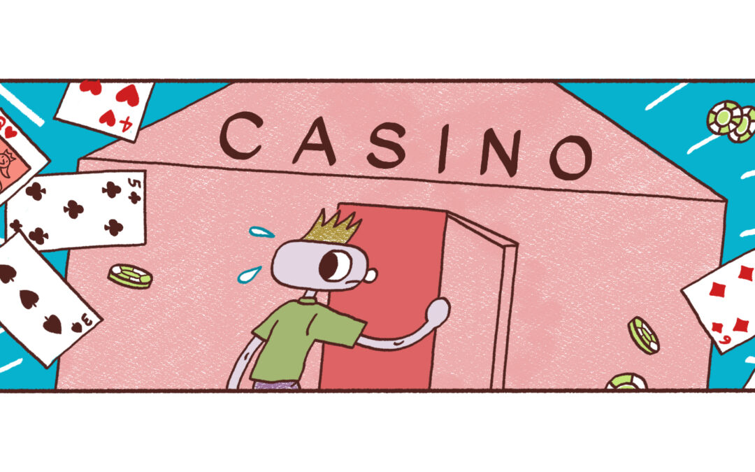 Illustration Mensch geht ins Casino, Spielkarten und Münzen fliegen ihm hinterher