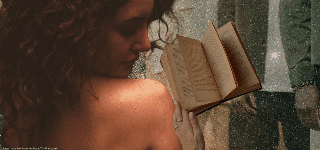 Frau liest vertieft in einem aufgeschlagenen Buch vor glitzerndem Hintergrund – Symbolbild für die stille Auseinandersetzung mit dem eigenen Körper und Schmerz bei Vaginismus