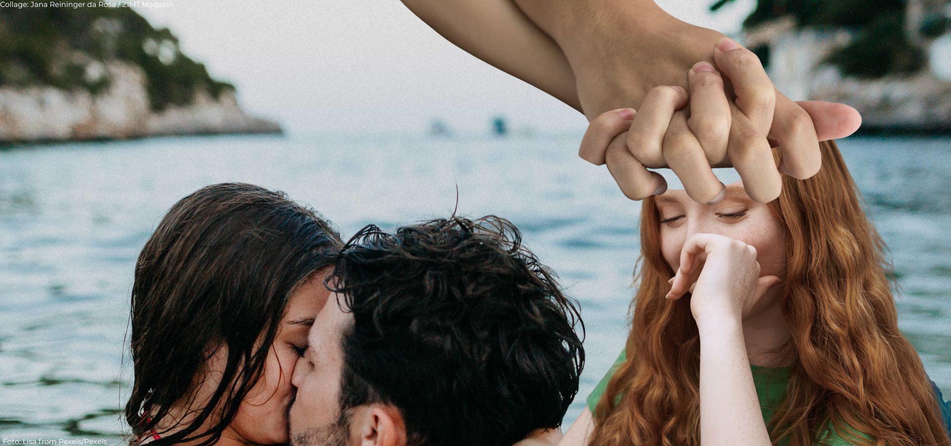 Illustration: weiblich gelesene Figur hält Kuchen an der offenen Backofentür, Sprachblase mit Herz, im Hintergrund männlich gelesene Figur hält mit einer Hand eine Schüssel, im Vordergrund Radio mit Lautstärkezeichen