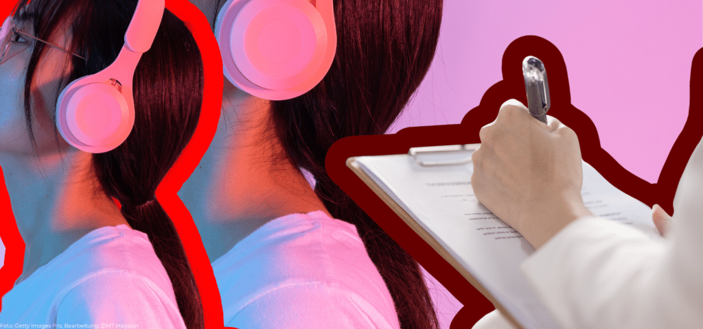 Collage aus junger Frau mit Kopfhörern und Hand mit Klemmbrett beim Ausfüllen eines Formulars – Symbolbild für den Diagnoseprozess bei Autismus bei Frauen
