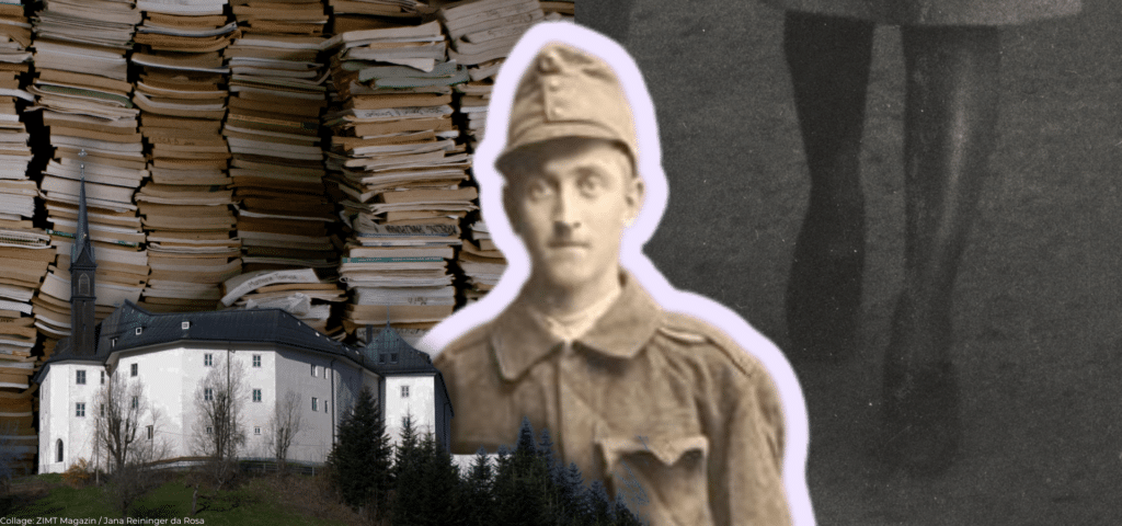 Collage aus historischem Soldatenporträt von Lorenz, einem Aktenstapel und dem Landesklinikum Mauer – Symbolbild für die institutionelle Geschichte der NS-Euthanasie in Österreich