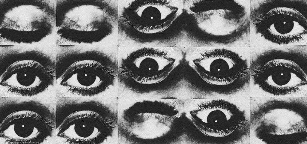 Schwarz-weiß Collage mehrerer Augen in verschiedenen Öffnungszuständen – Symbol für Schamgefühl, Gesehenwerden und den Wunsch, unsichtbar zu bleiben