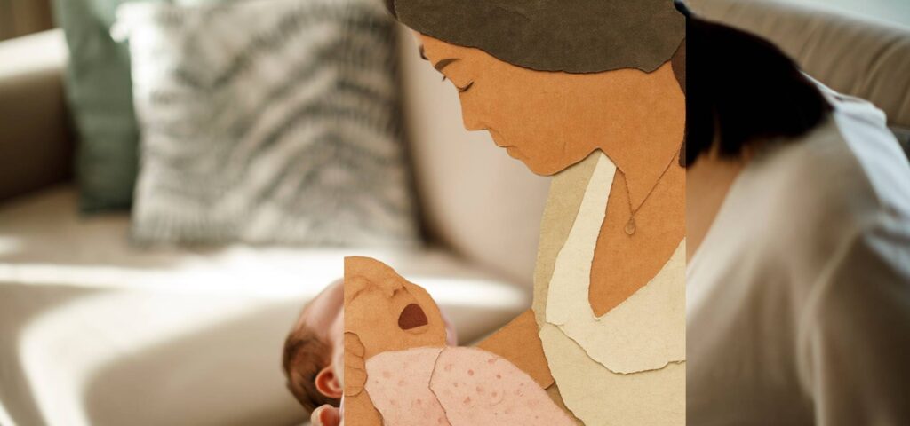 Illustration einer Mutter, die ihr weinendes Baby im Arm hält – Symbolbild für Care-Arbeit und die emotionale Belastung von Pflegeeltern mit FASD-Kindern Titel: Mutter mit Baby – Care-Arbeit und Pflegeelternschaft bei FASD