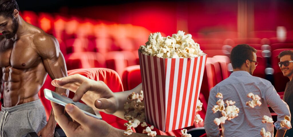 Collage aus Kinosaal, Popcorn, muskulösem Mann und Smartphone-Hand – Symbolbild für das passive Zuschauen von Männern bei Machtmissbrauch und toxischen Männlichkeitsbildern
